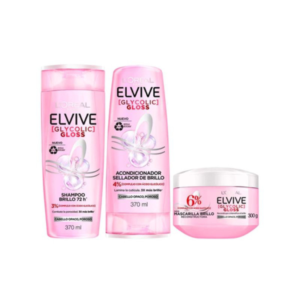 Imagen de PACK ELVIVE GLYCOLIC GLOSS SHAMPOO + ACONDICIONADOR + MASCARILLA 370+370+300 ml